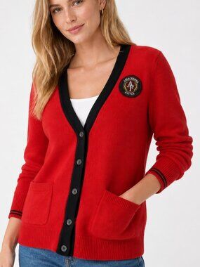 Abercrombie Cardigan Red V Neck Crest Logo Preppy School Varsity Sweater S